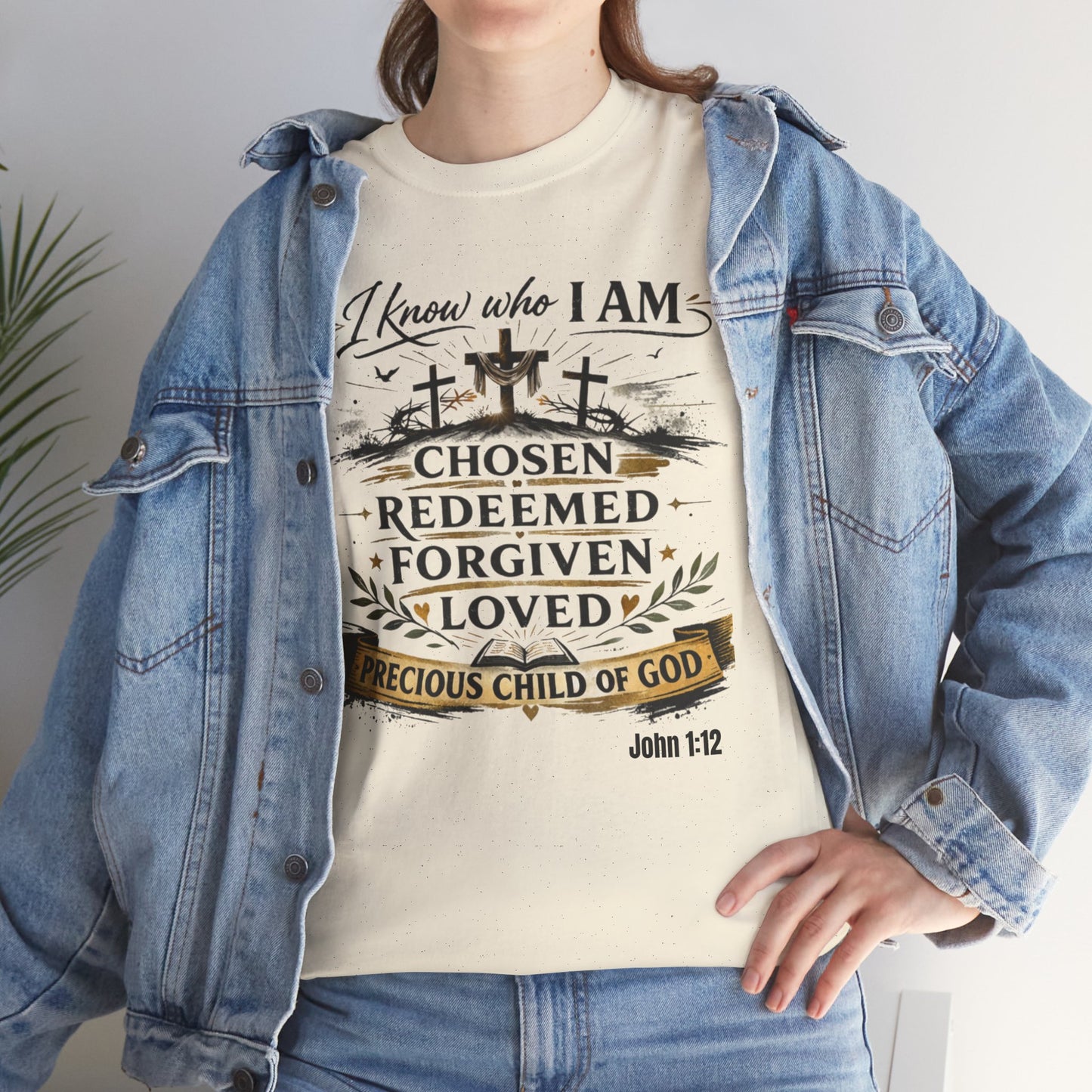 Christian Tee – "I Know Who I Am: Chosen, Redeemed, Forgiven, Loved" Spiritual Faith T-Shirt