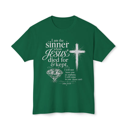 Christian Faith T-Shirt — "I am the sinner whom Jesus died for & kept" Pink Tee