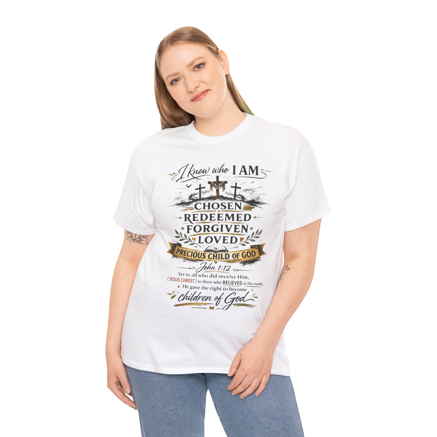 Christian Faith T-Shirt – “I Know Who I Am” Chosen, Redeemed, Forgiven Design