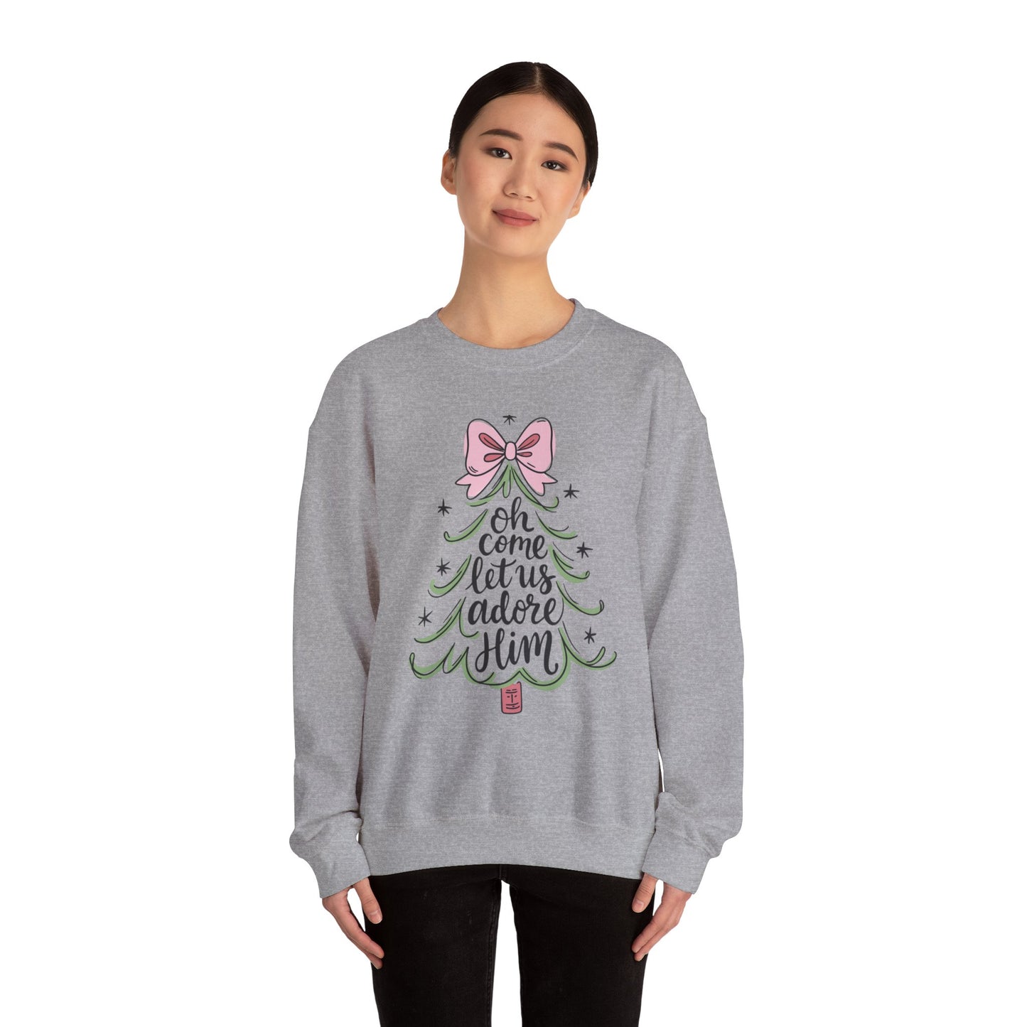 Christmas Tree Sweatshirt – “Oh Come Let Us Adore Him” Holiday Crewneck