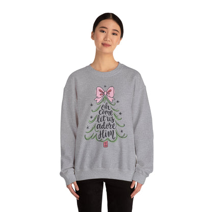 Christmas Tree Sweatshirt – “Oh Come Let Us Adore Him” Holiday Crewneck