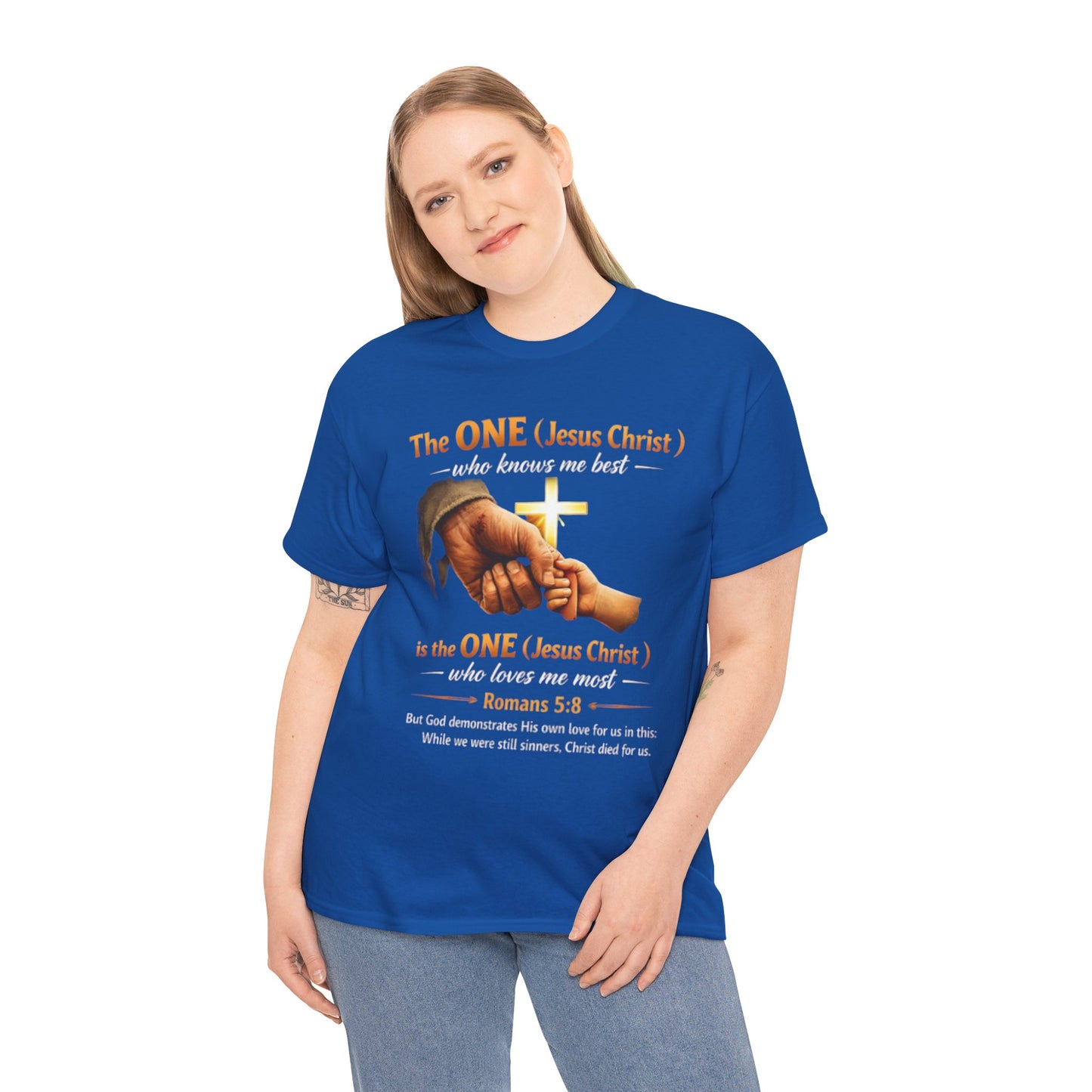 Christian T-Shirt — "The ONE (Jesus Christ)" Cross & Romans 5:8 Inspirational Tee