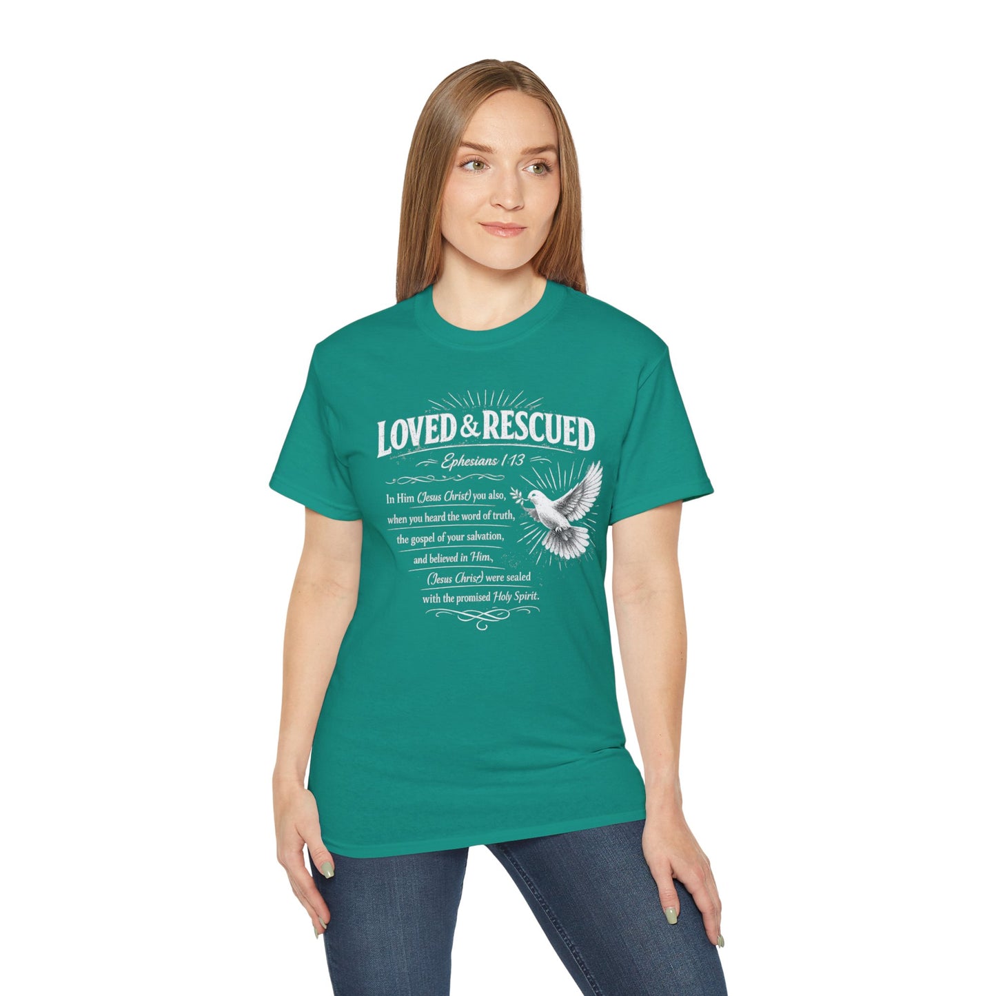 Loved & Rescued Tee — Ephesians 1:13 Christian Dove T‑Shirt