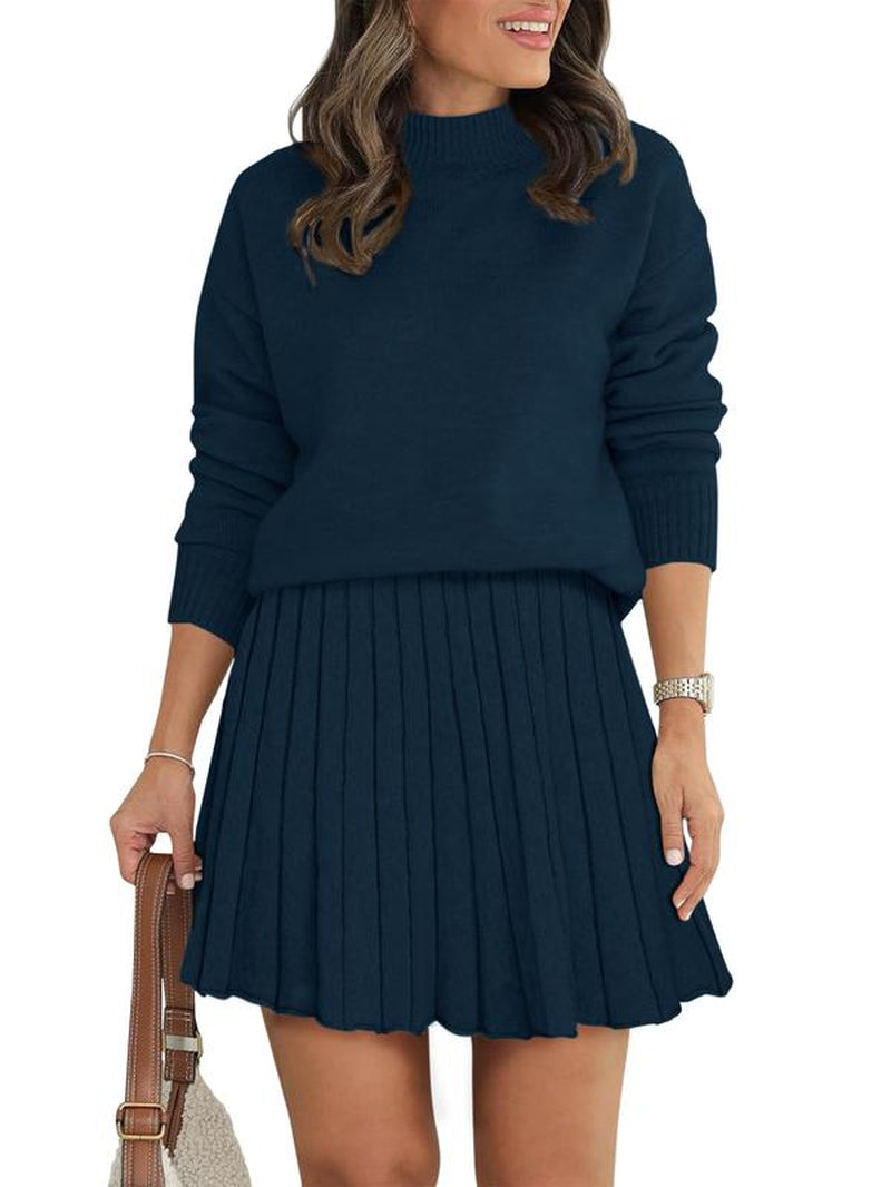 Women'S Two Piece Outfits Turtleneck Long Sleeve Ribbed Knit Tops Pleated Mini Skirt 2025 Casual Sweater Sets