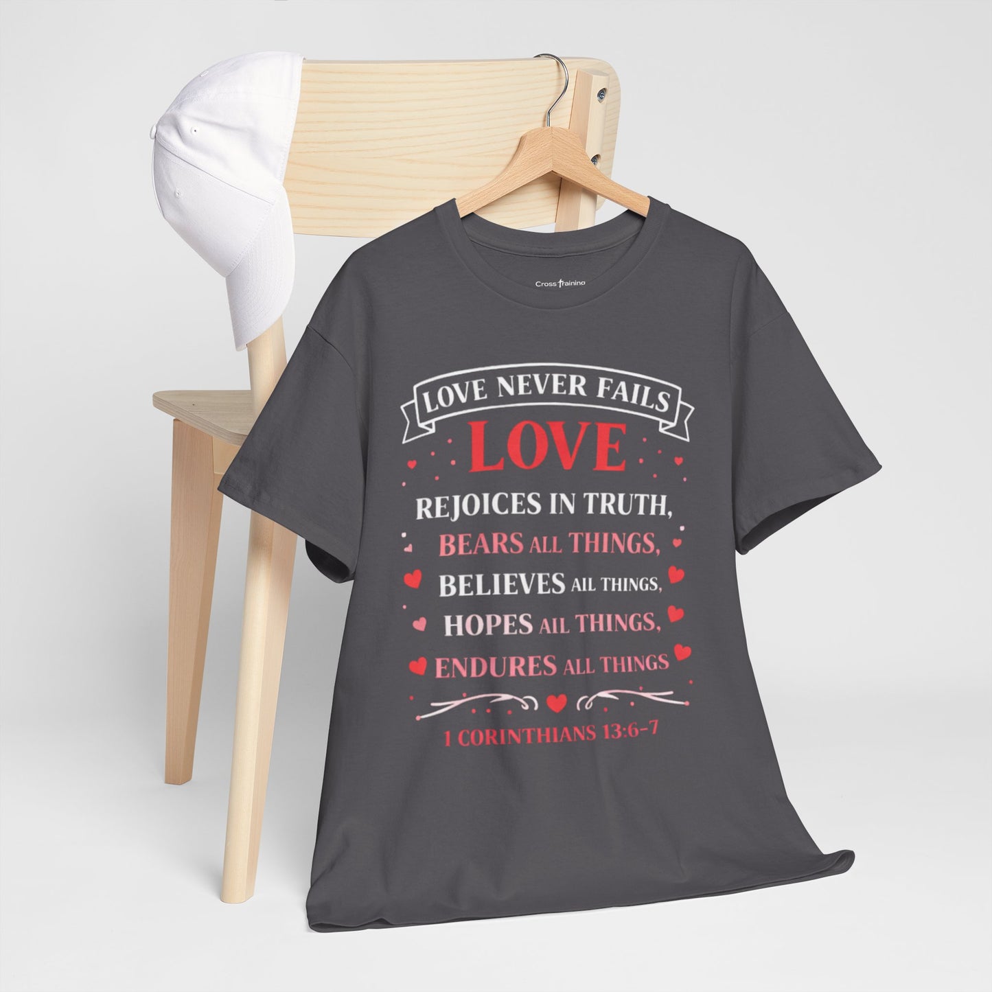 Love Never Fails T-Shirt — 1 Corinthians 13:6-7 Christian Faith Tee