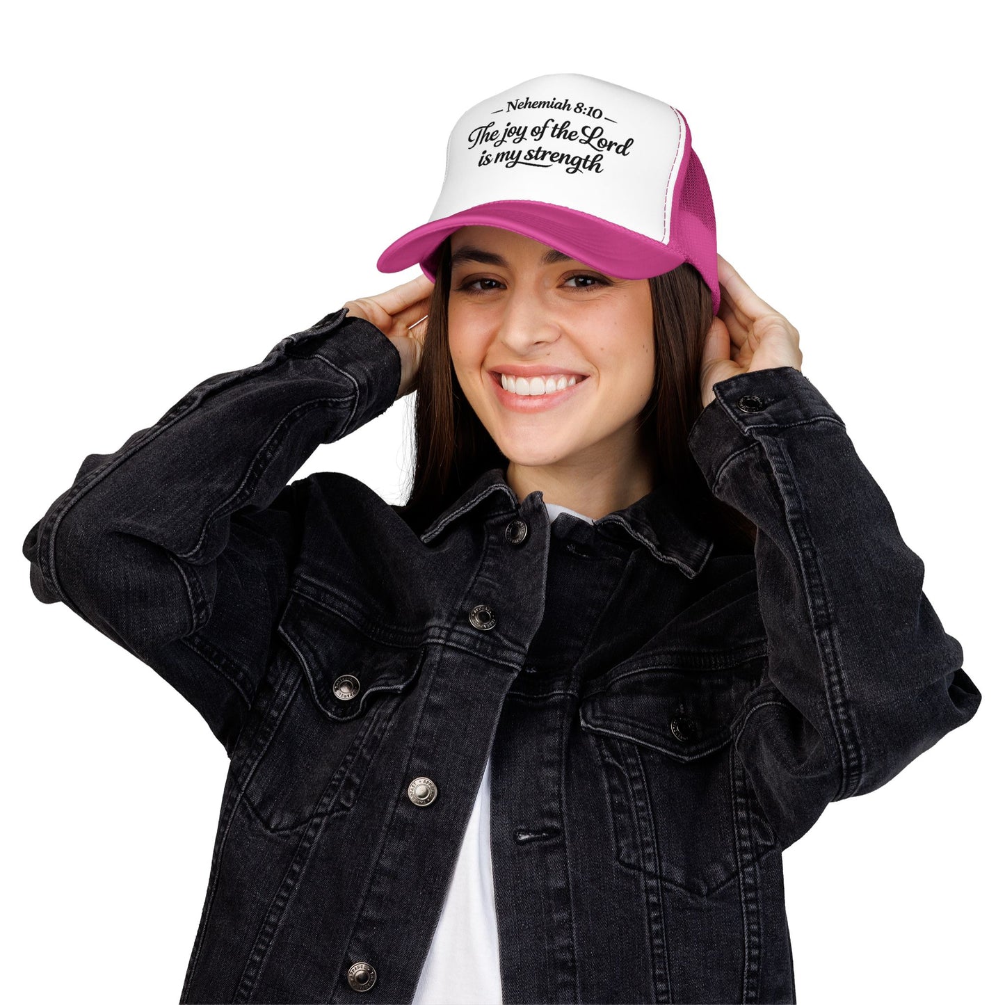 Nehemiah 8:10 Trucker Hat — “The Joy of the Lord Is My Strength” Christian Foam Cap