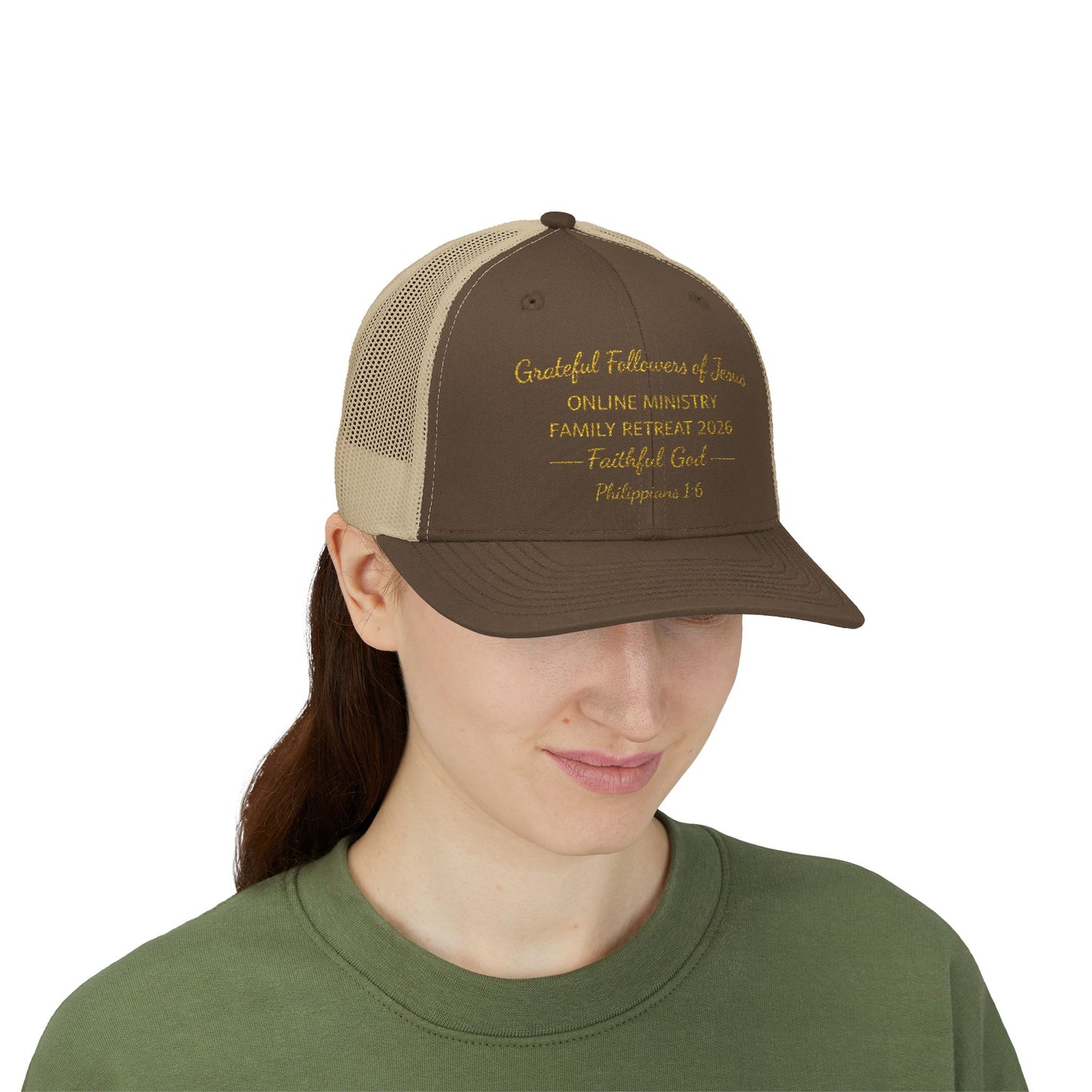 Embroidered Faith Retreat Trucker Cap — 'Faithful God' Family Ministry Snapback