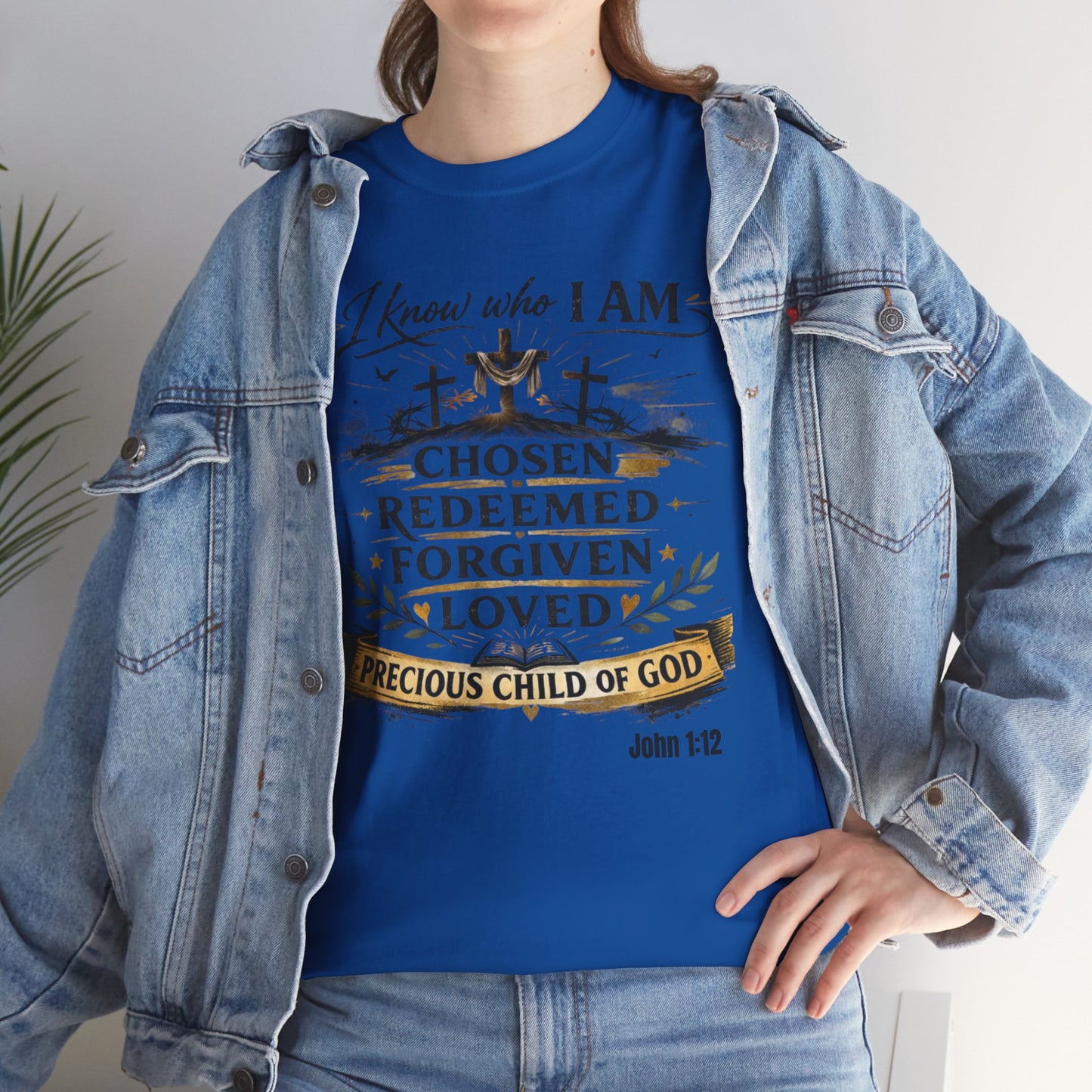 Christian Tee – "I Know Who I Am: Chosen, Redeemed, Forgiven, Loved" Spiritual Faith T-Shirt