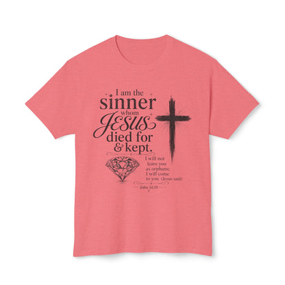 Christian Faith T-Shirt — "I am the sinner whom Jesus died for & kept" Pink Tee