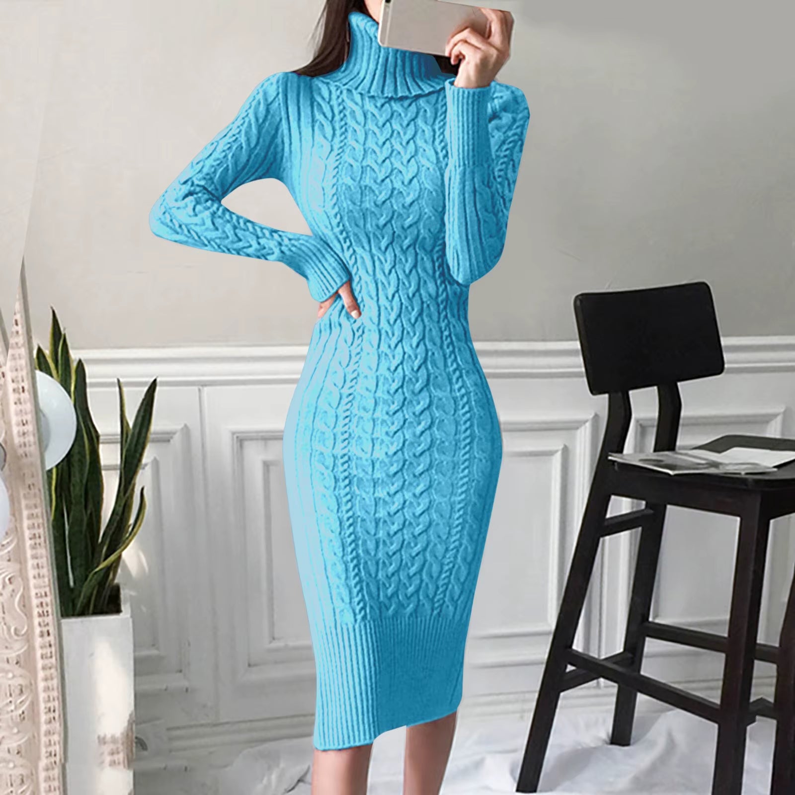 Autumn and Winter Womens Long Sleeve Turtleneck Sweater Dresses Warm Knitted Bodycon Pullovers Jumper Dresses Vestidos Largos