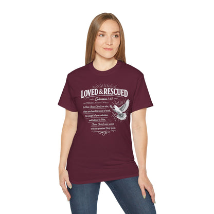 Loved & Rescued Tee — Ephesians 1:13 Christian Dove T‑Shirt