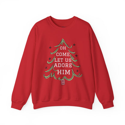 Unisex-Oh Come Let Us Adore Him Sweatshirt — Christmas Tree Nativity Holiday Crewneck