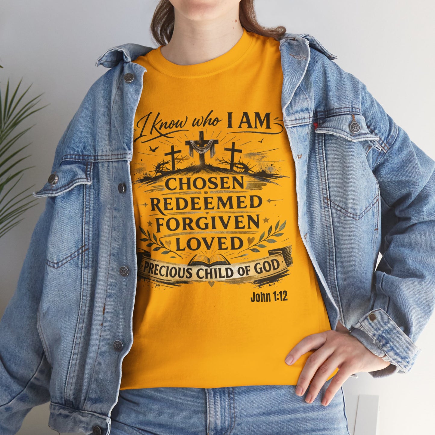 Christian Tee – "I Know Who I Am: Chosen, Redeemed, Forgiven, Loved" Spiritual Faith T-Shirt