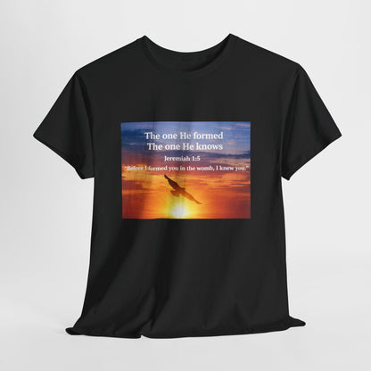 Christian Sunset T-Shirt — "Before I Formed You I Knew You" Scripture Tee