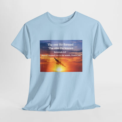 Christian Sunset T-Shirt — "Before I Formed You I Knew You" Scripture Tee