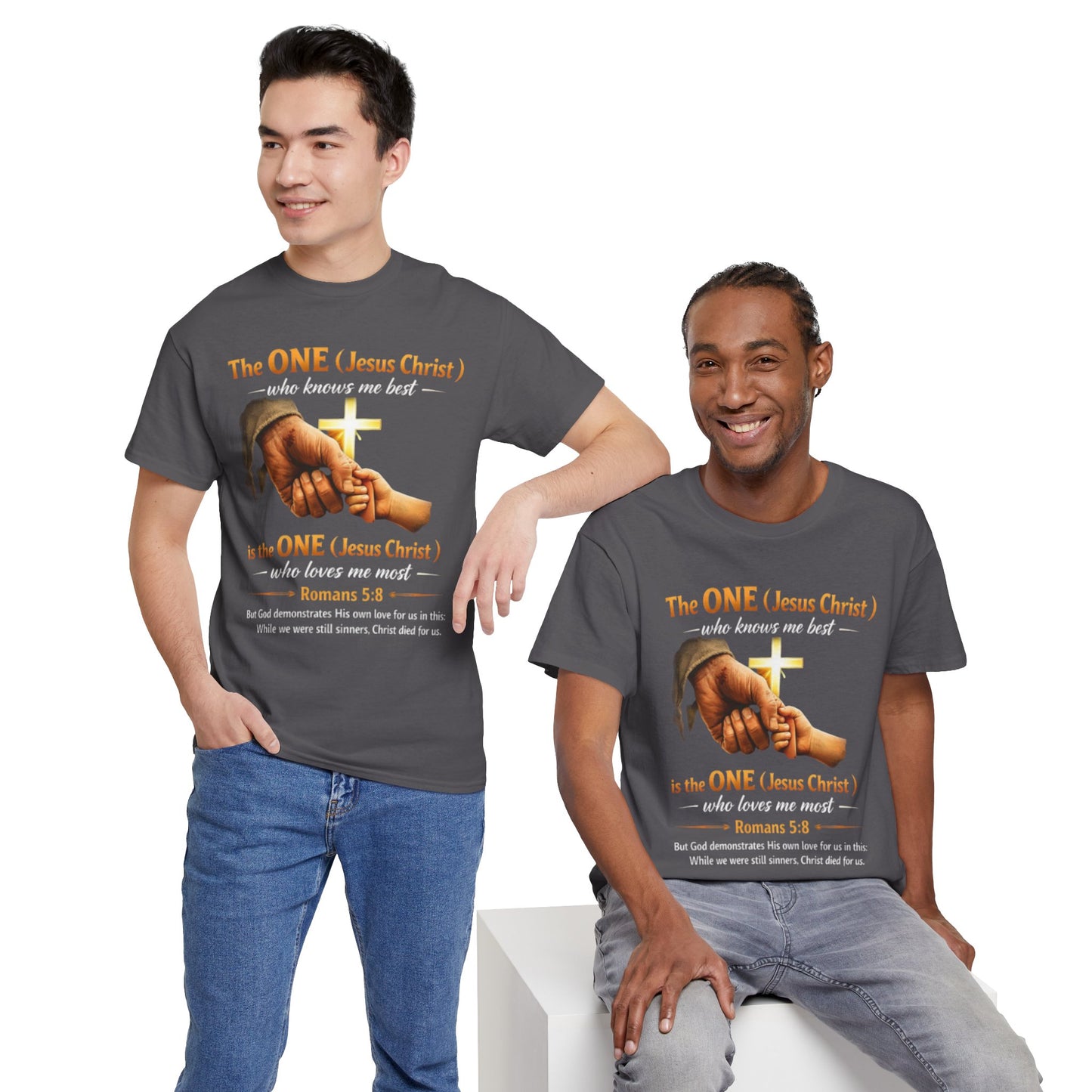 Christian T-Shirt — "The ONE (Jesus Christ)" Cross & Romans 5:8 Inspirational Tee
