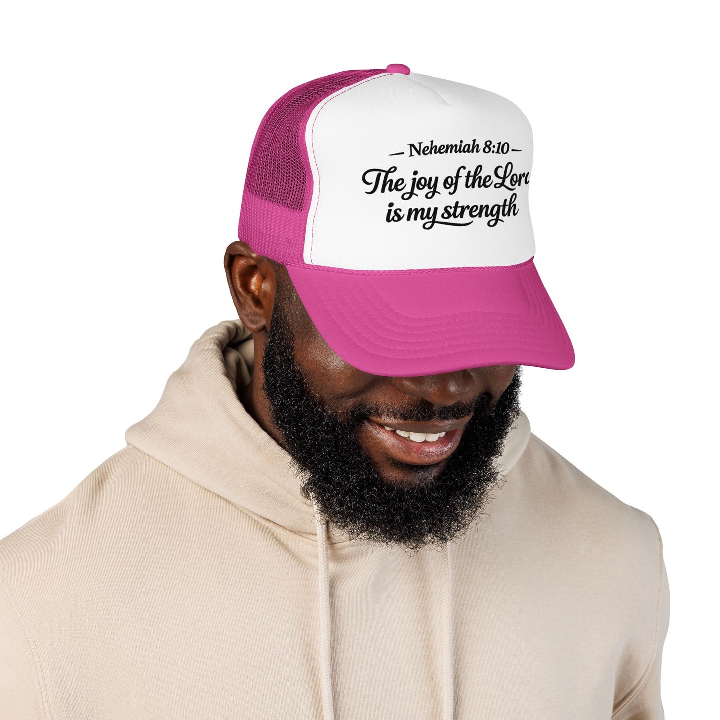 Nehemiah 8:10 Trucker Hat — “The Joy of the Lord Is My Strength” Christian Foam Cap