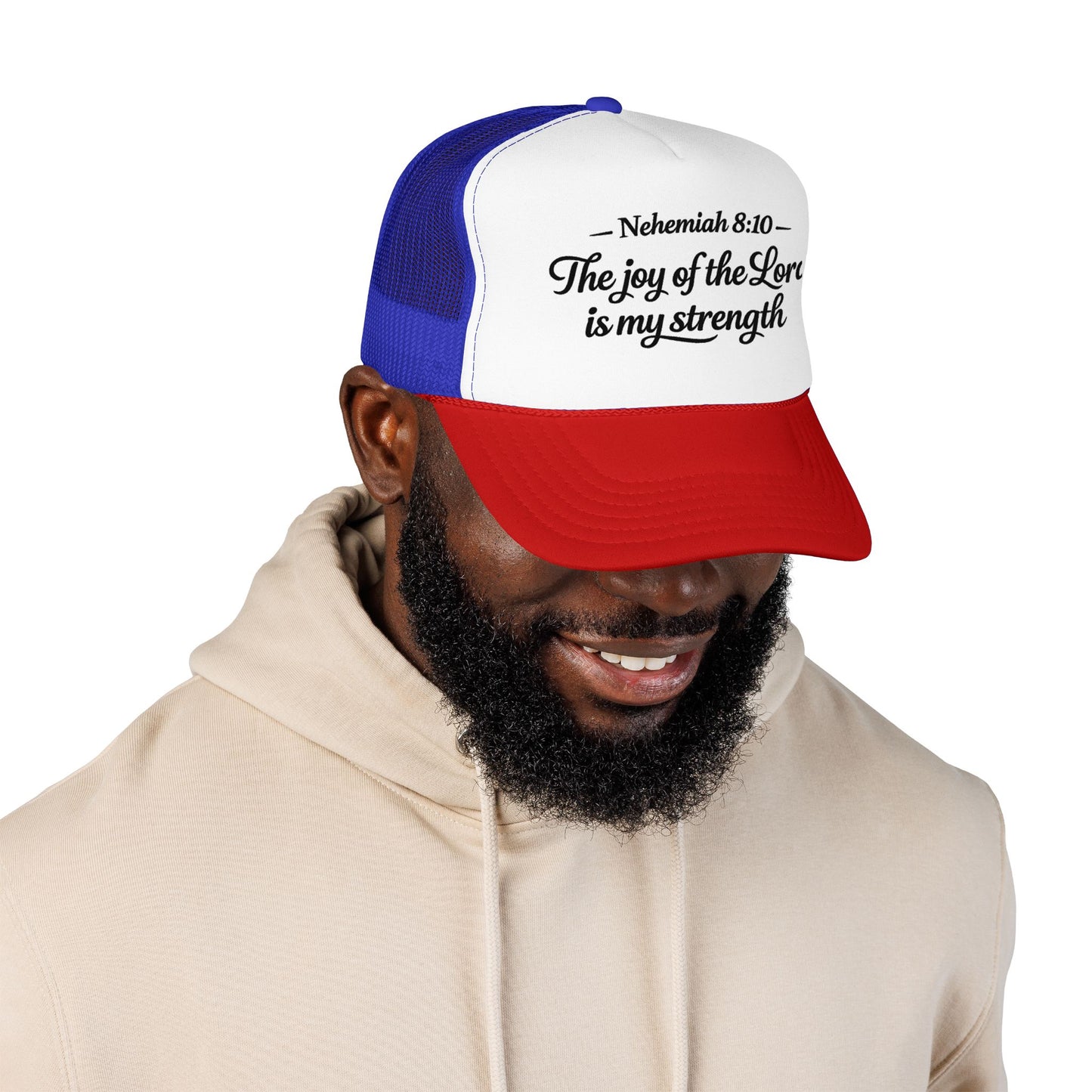 Nehemiah 8:10 Trucker Hat — “The Joy of the Lord Is My Strength” Christian Foam Cap
