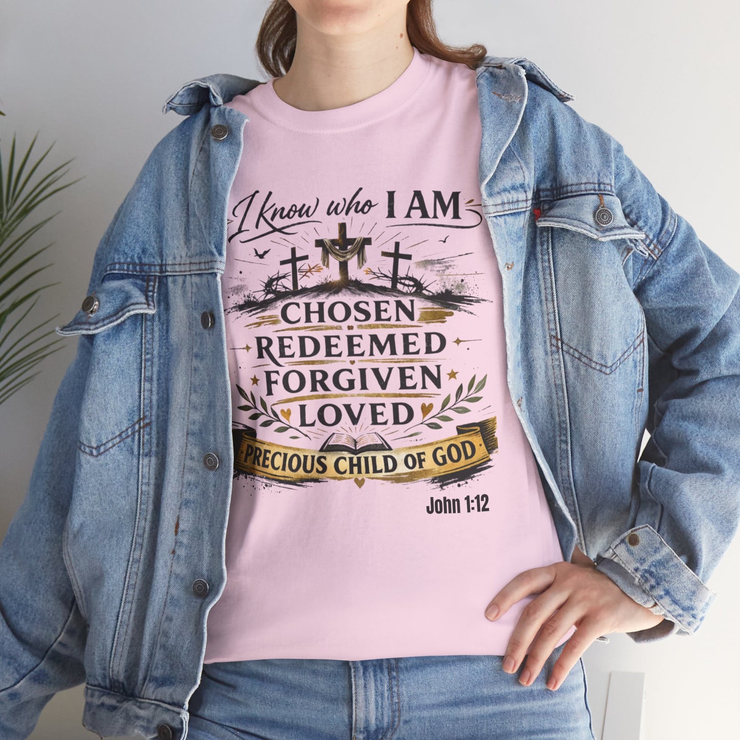 Christian Tee – "I Know Who I Am: Chosen, Redeemed, Forgiven, Loved" Spiritual Faith T-Shirt
