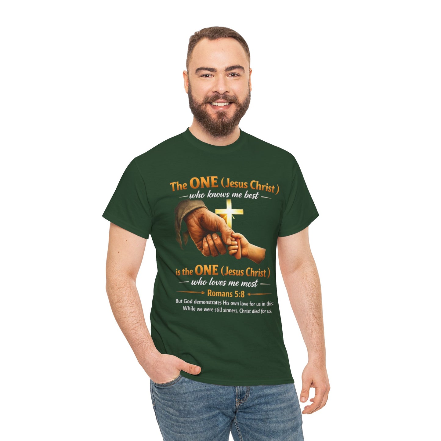 Christian T-Shirt — "The ONE (Jesus Christ)" Cross & Romans 5:8 Inspirational Tee