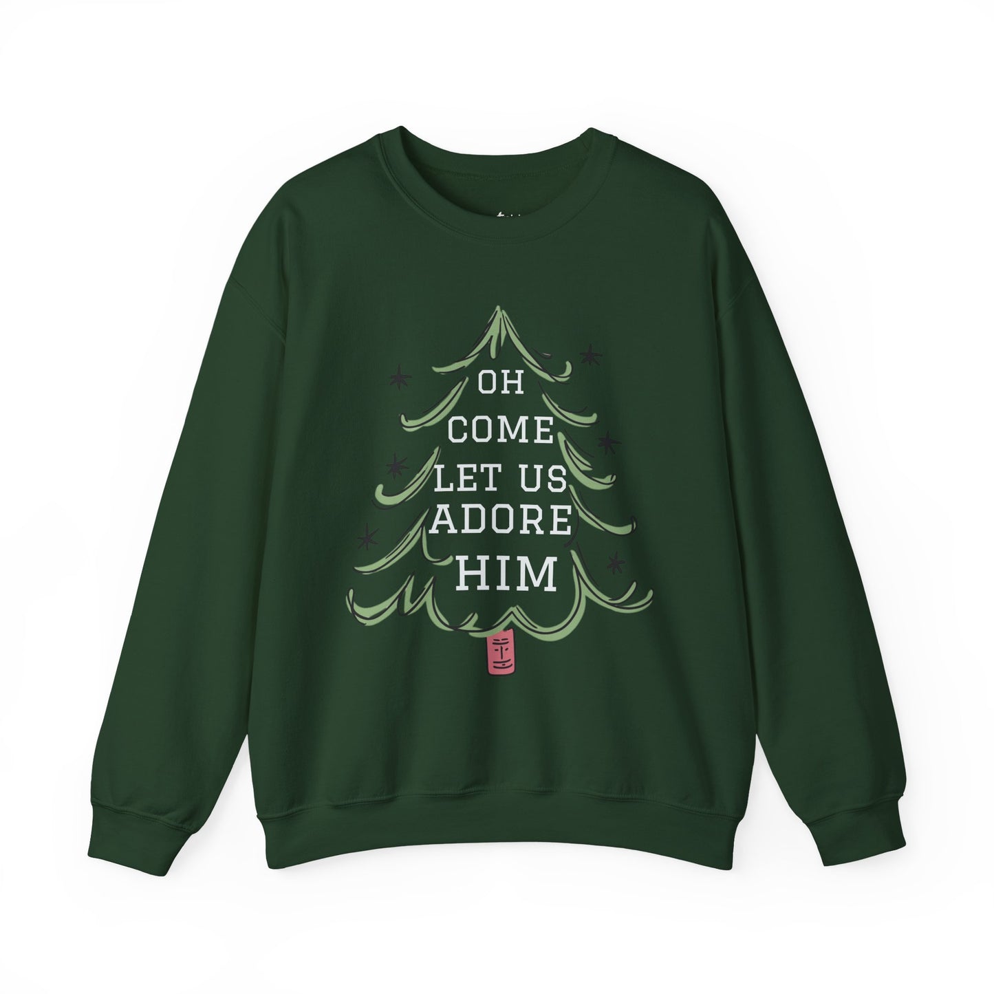 Unisex-Oh Come Let Us Adore Him Sweatshirt — Christmas Tree Nativity Holiday Crewneck