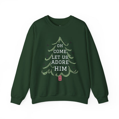 Unisex-Oh Come Let Us Adore Him Sweatshirt — Christmas Tree Nativity Holiday Crewneck
