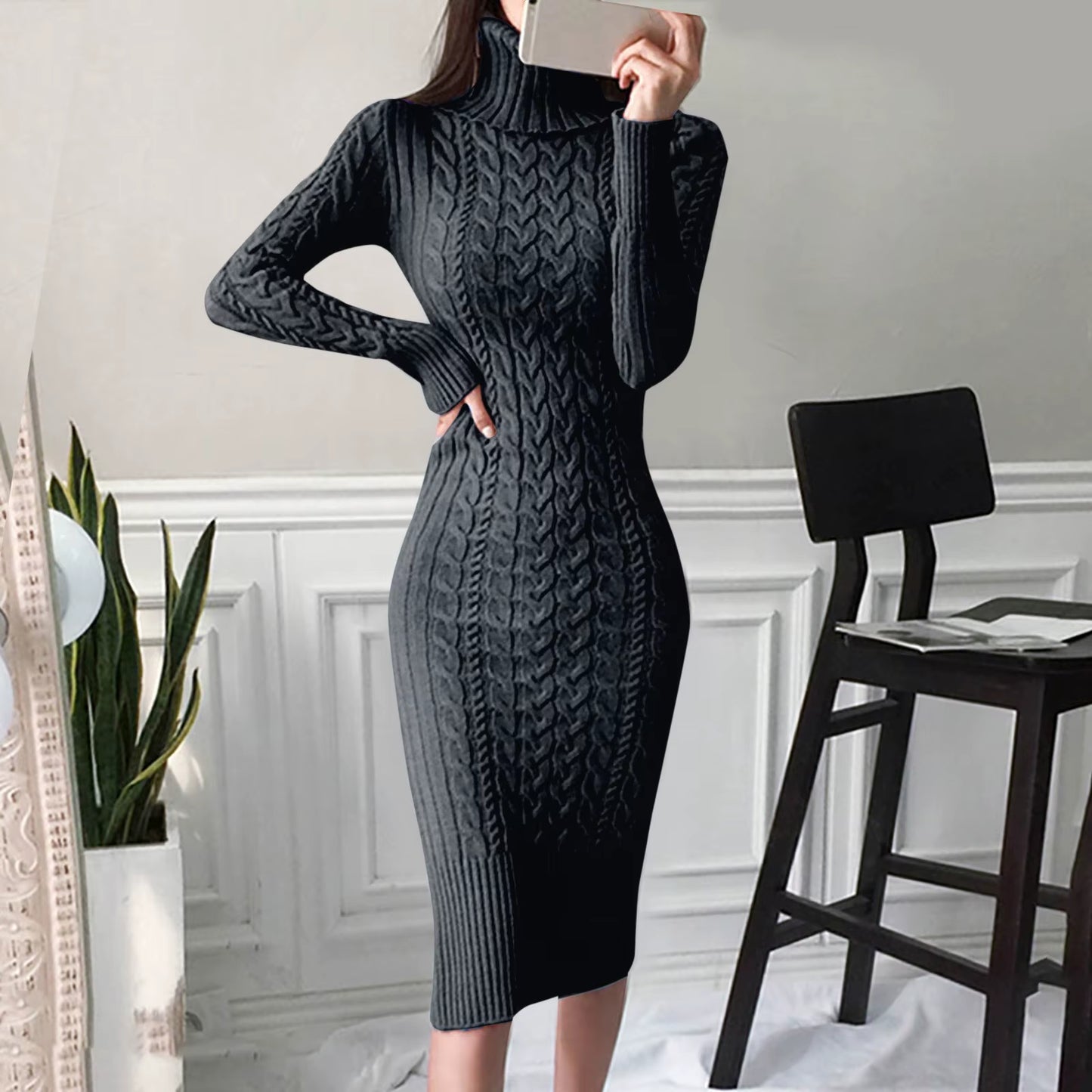 Autumn and Winter Womens Long Sleeve Turtleneck Sweater Dresses Warm Knitted Bodycon Pullovers Jumper Dresses Vestidos Largos