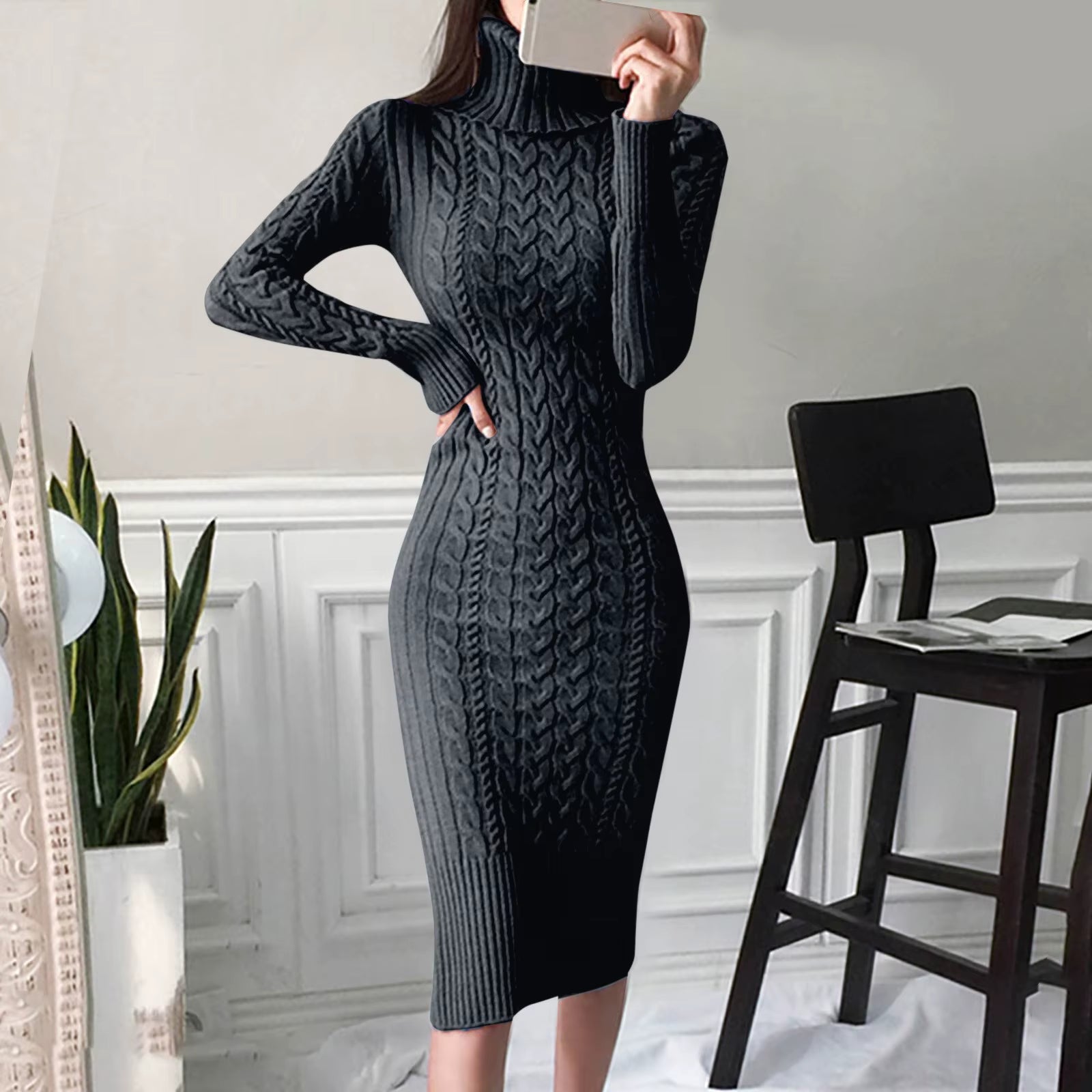 Autumn and Winter Womens Long Sleeve Turtleneck Sweater Dresses Warm Knitted Bodycon Pullovers Jumper Dresses Vestidos Largos