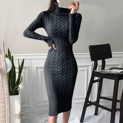 Autumn and Winter Womens Long Sleeve Turtleneck Sweater Dresses Warm Knitted Bodycon Pullovers Jumper Dresses Vestidos Largos