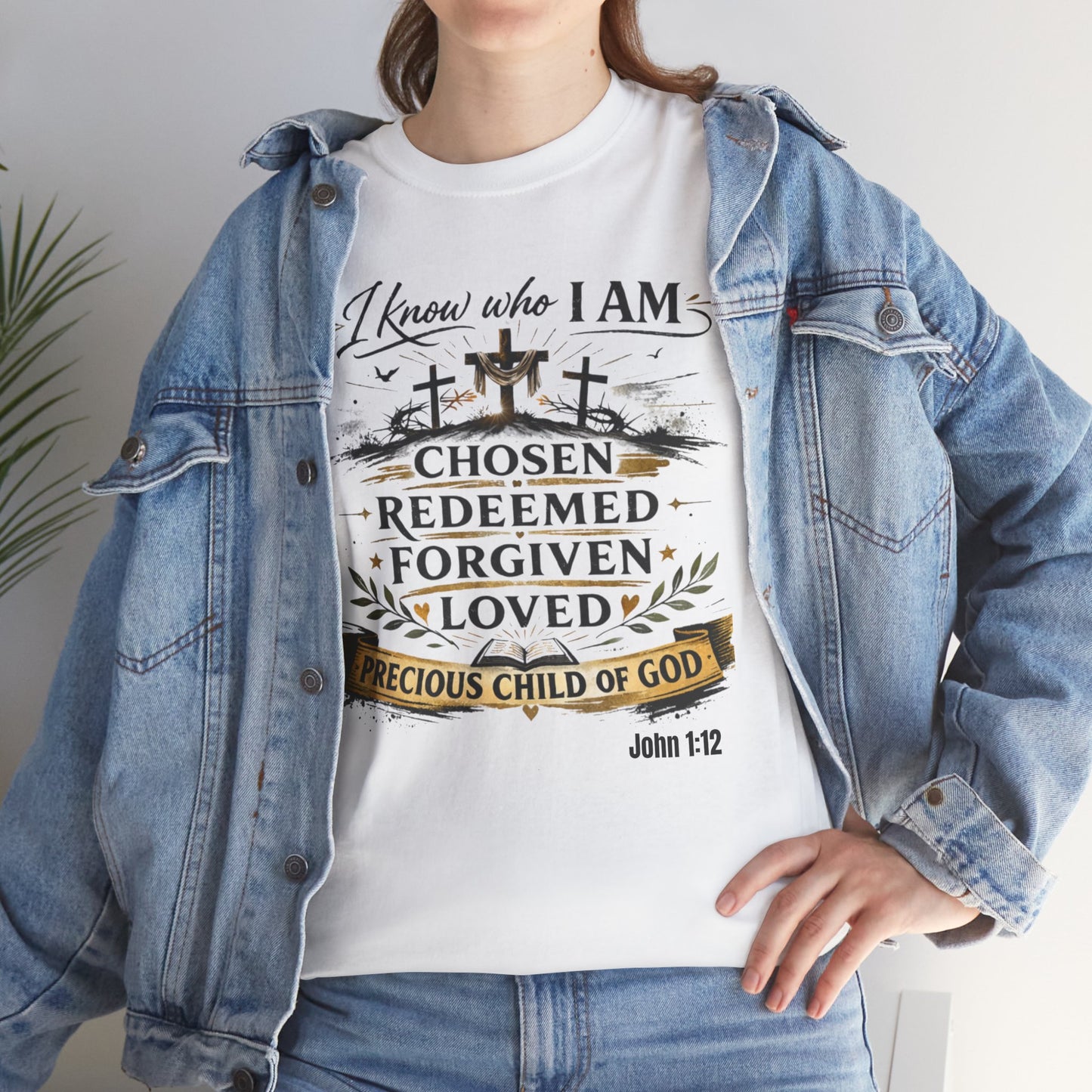 Christian Tee – "I Know Who I Am: Chosen, Redeemed, Forgiven, Loved" Spiritual Faith T-Shirt