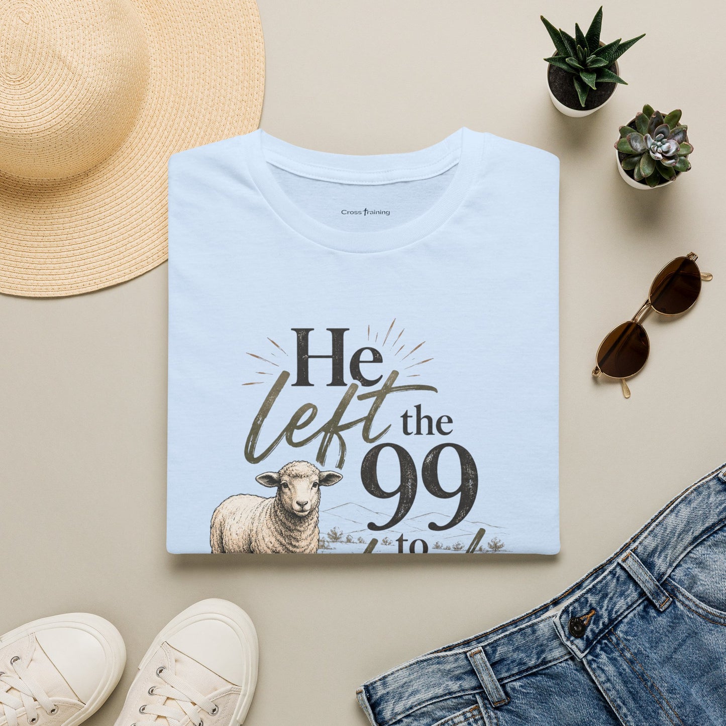 He Left the 99 T-Shirt — Christian Shepherd & Lamb Faith Tee