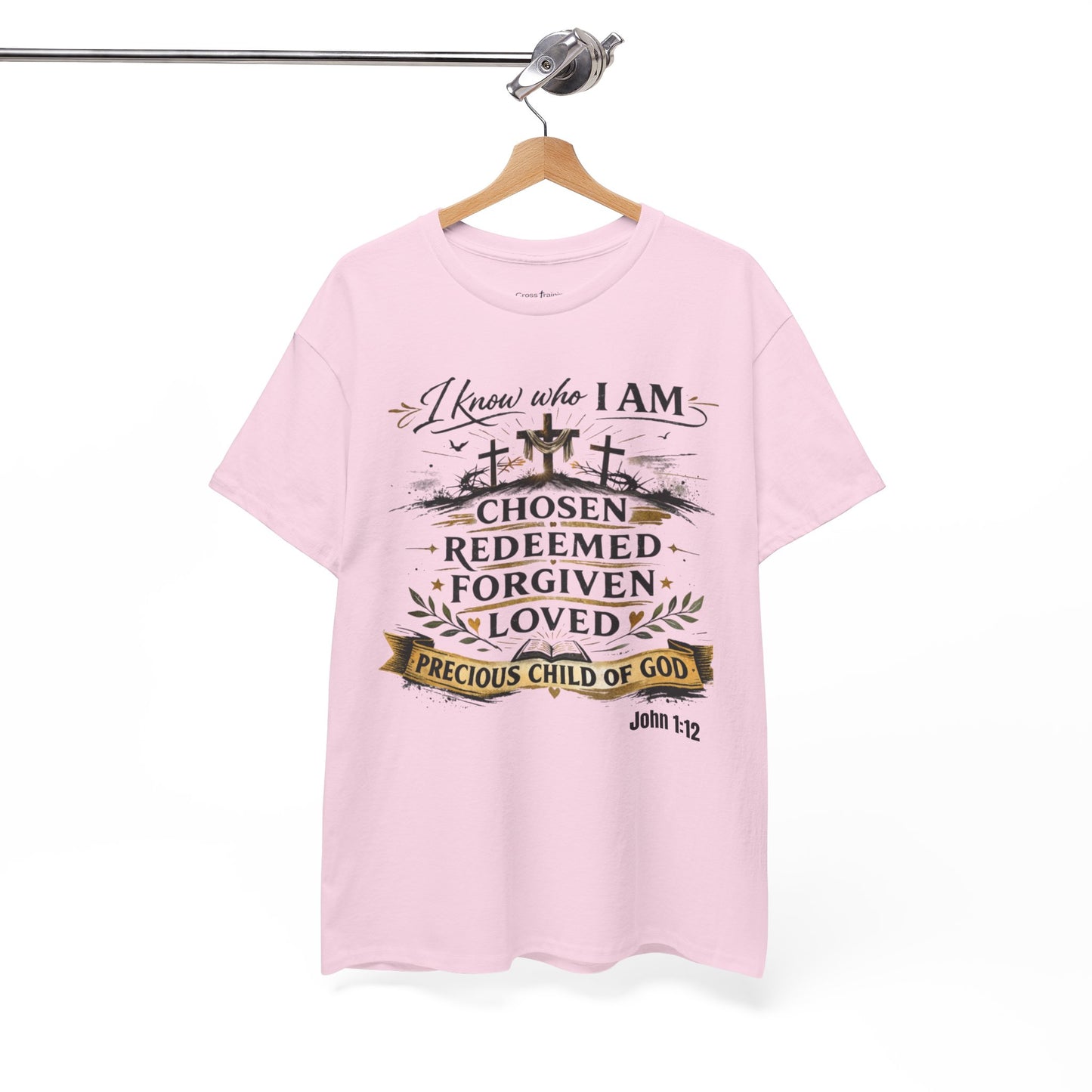Christian Tee – "I Know Who I Am: Chosen, Redeemed, Forgiven, Loved" Spiritual Faith T-Shirt