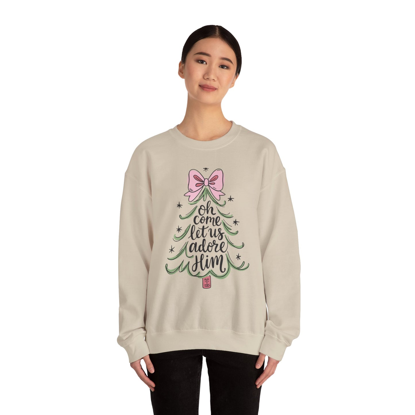 Christmas Tree Sweatshirt – “Oh Come Let Us Adore Him” Holiday Crewneck