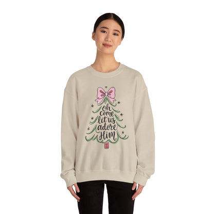 Christmas Tree Sweatshirt – “Oh Come Let Us Adore Him” Holiday Crewneck