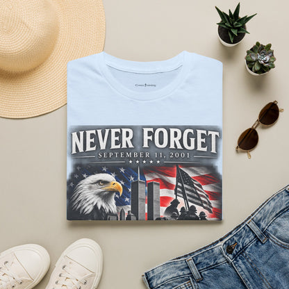 Never Forget 9/11 Memorial T-Shirt — American Flag & Eagle Tribute
