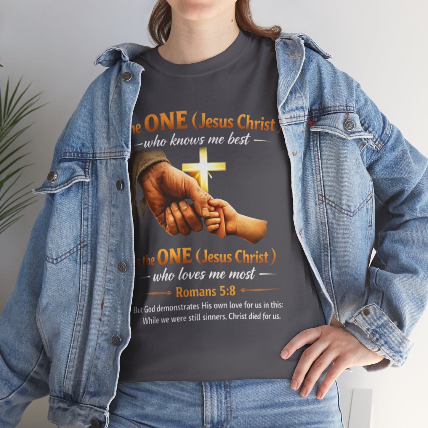 Christian T-Shirt — "The ONE (Jesus Christ)" Cross & Romans 5:8 Inspirational Tee