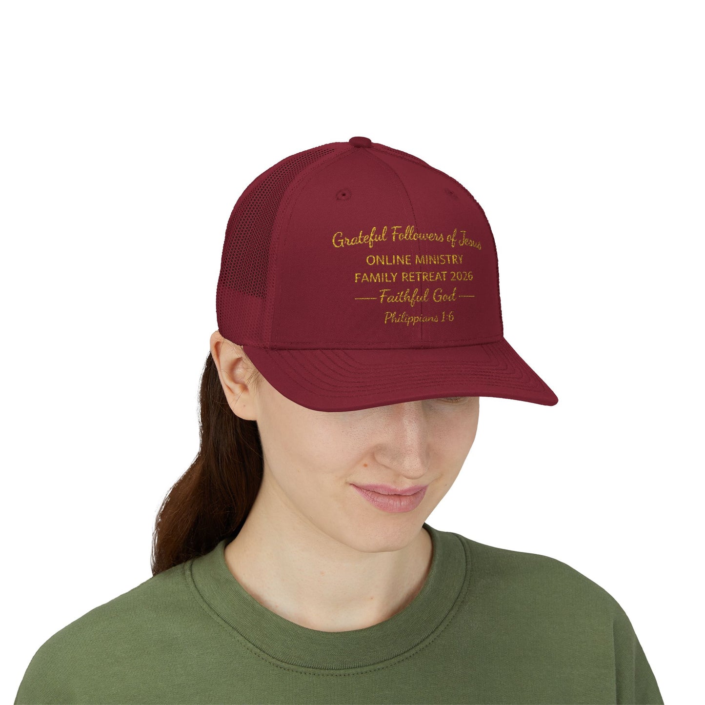 Embroidered Faith Retreat Trucker Cap — 'Faithful God' Family Ministry Snapback