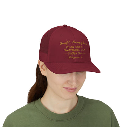 Embroidered Faith Retreat Trucker Cap — 'Faithful God' Family Ministry Snapback