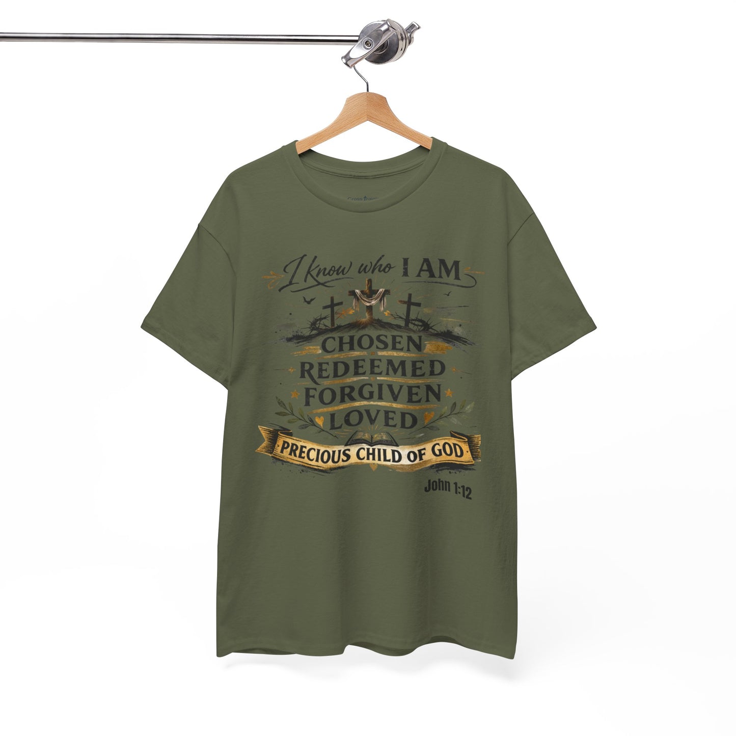 Christian Tee – "I Know Who I Am: Chosen, Redeemed, Forgiven, Loved" Spiritual Faith T-Shirt