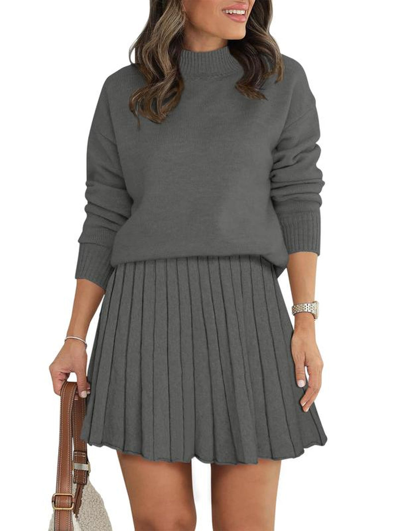 Women'S Two Piece Outfits Turtleneck Long Sleeve Ribbed Knit Tops Pleated Mini Skirt 2025 Casual Sweater Sets