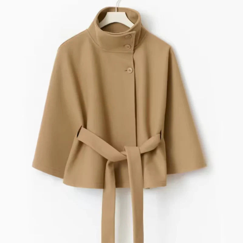 Winter High Neck Batwing Sleeve Coat with Belt Fashion Loose Elegant Button Top Trench Coat for Women Clothing