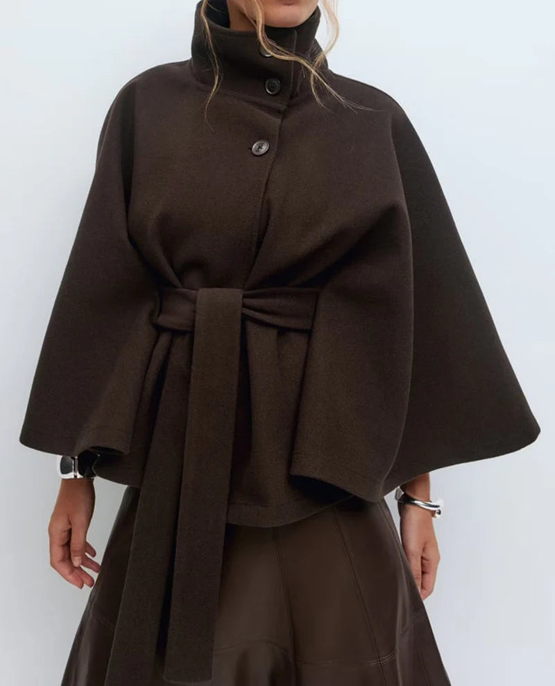 Winter High Neck Batwing Sleeve Coat with Belt Fashion Loose Elegant Button Top Trench Coat for Women Clothing
