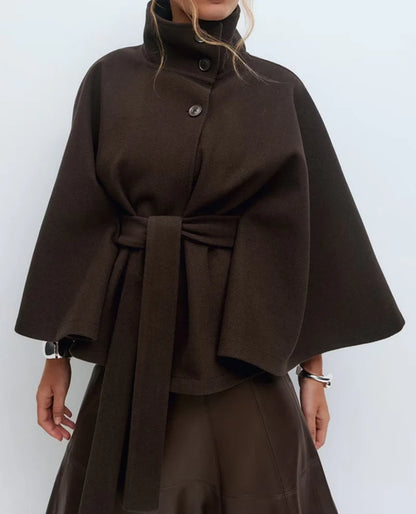 Winter High Neck Batwing Sleeve Coat with Belt Fashion Loose Elegant Button Top Trench Coat for Women Clothing