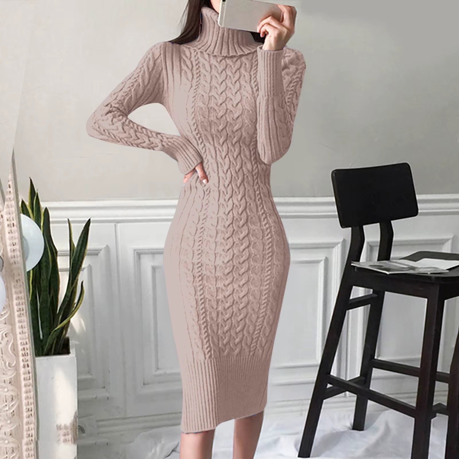 Autumn and Winter Womens Long Sleeve Turtleneck Sweater Dresses Warm Knitted Bodycon Pullovers Jumper Dresses Vestidos Largos