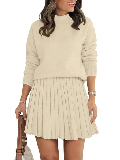 Women'S Two Piece Outfits Turtleneck Long Sleeve Ribbed Knit Tops Pleated Mini Skirt 2025 Casual Sweater Sets