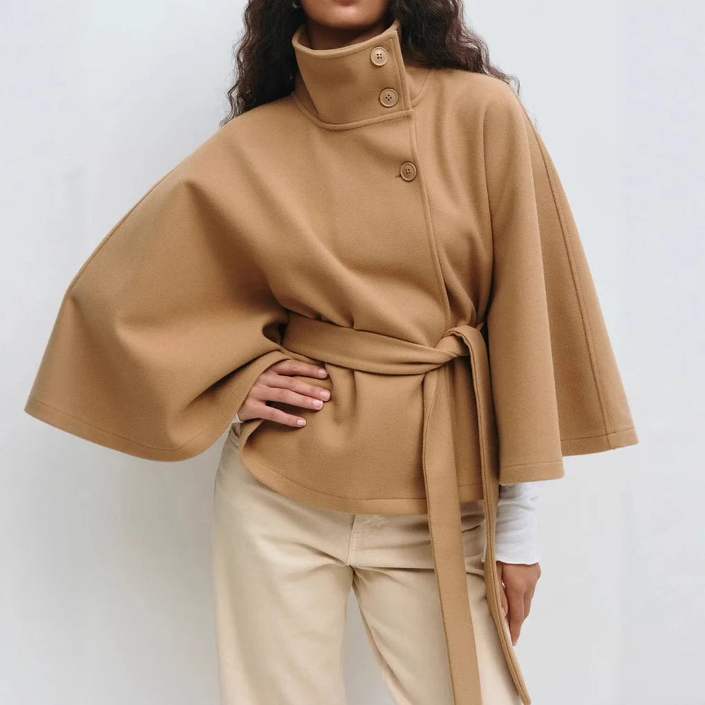 Winter High Neck Batwing Sleeve Coat with Belt Fashion Loose Elegant Button Top Trench Coat for Women Clothing