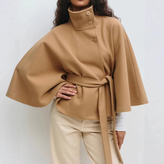 Winter High Neck Batwing Sleeve Coat with Belt Fashion Loose Elegant Button Top Trench Coat for Women Clothing