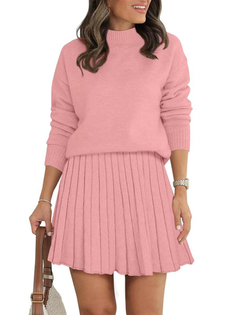 Women'S Two Piece Outfits Turtleneck Long Sleeve Ribbed Knit Tops Pleated Mini Skirt 2025 Casual Sweater Sets