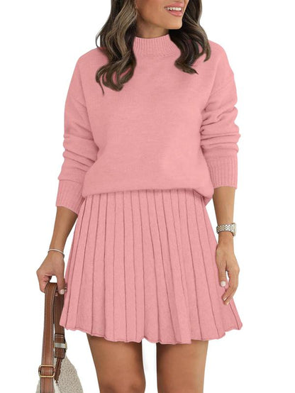 Women'S Two Piece Outfits Turtleneck Long Sleeve Ribbed Knit Tops Pleated Mini Skirt 2025 Casual Sweater Sets