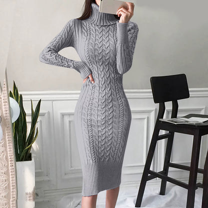 Autumn and Winter Womens Long Sleeve Turtleneck Sweater Dresses Warm Knitted Bodycon Pullovers Jumper Dresses Vestidos Largos
